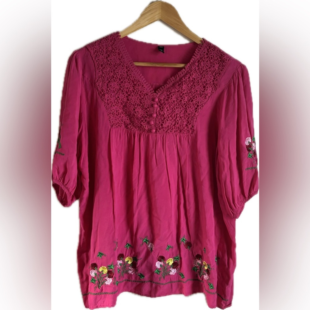 Fuchsia Embroidered Boho Blouse with Lace Yoke and Embroidery